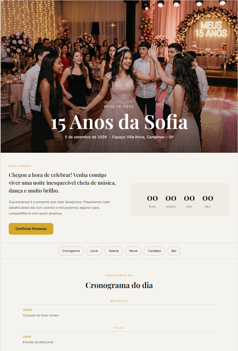 Página de evento — Debutante